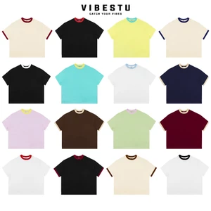 Áo Thun Trơn Phối Cổ Local Brand VIBESTU , Áo Thun Boxy Form Rộng Unisex 250Gsm 100% Cotton