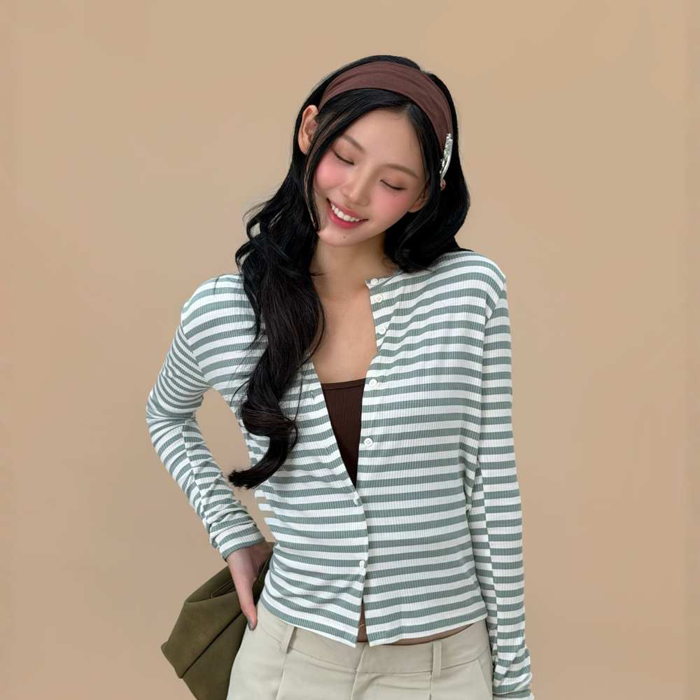 Áo cardigan kẻ sọc ngang Riley Miều Est.2013 áo khoác tay dài nút cúc sọc thun gân