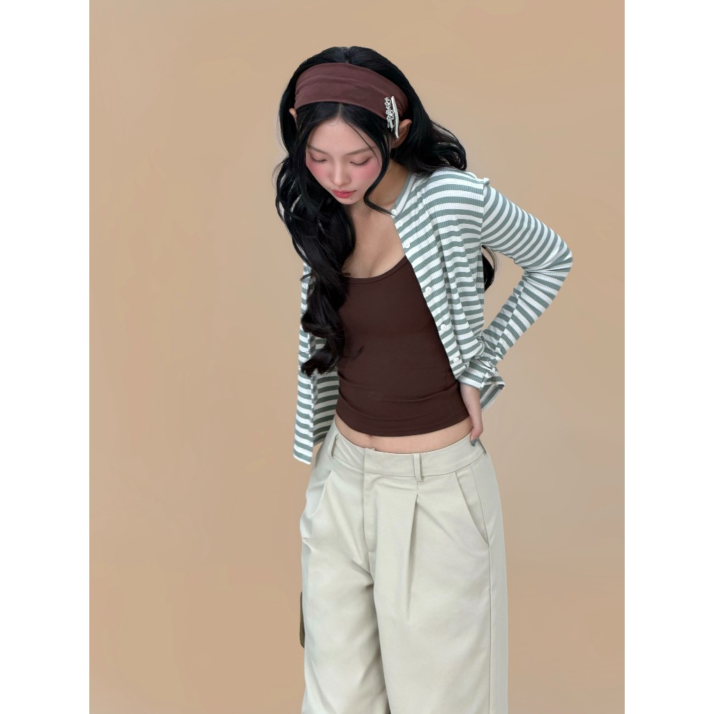 Áo cardigan kẻ sọc ngang Riley Miều Est.2013 áo khoác tay dài nút cúc sọc thun gân
