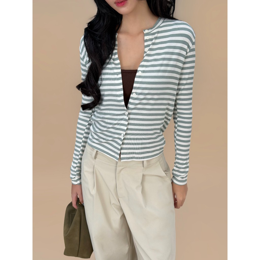 Áo cardigan kẻ sọc ngang Riley Miều Est.2013 áo khoác tay dài nút cúc sọc thun gân