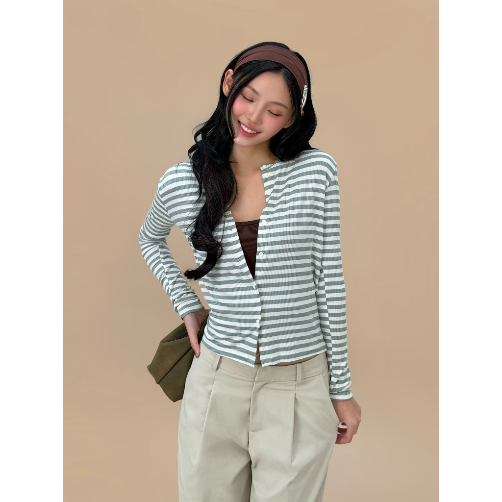Áo cardigan kẻ sọc ngang Riley Miều Est.2013 áo khoác tay dài nút cúc sọc thun gân