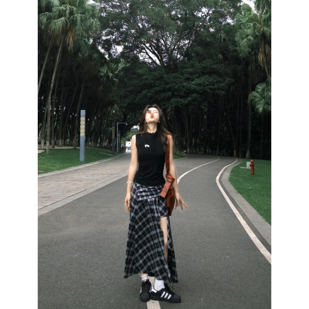 [KH13] Chân váy dài kẻ caro xẻ tà Vintage Nữ Tính Cá Tính Phong Cách Hàn Quốc | KHAO BOUTIQUE