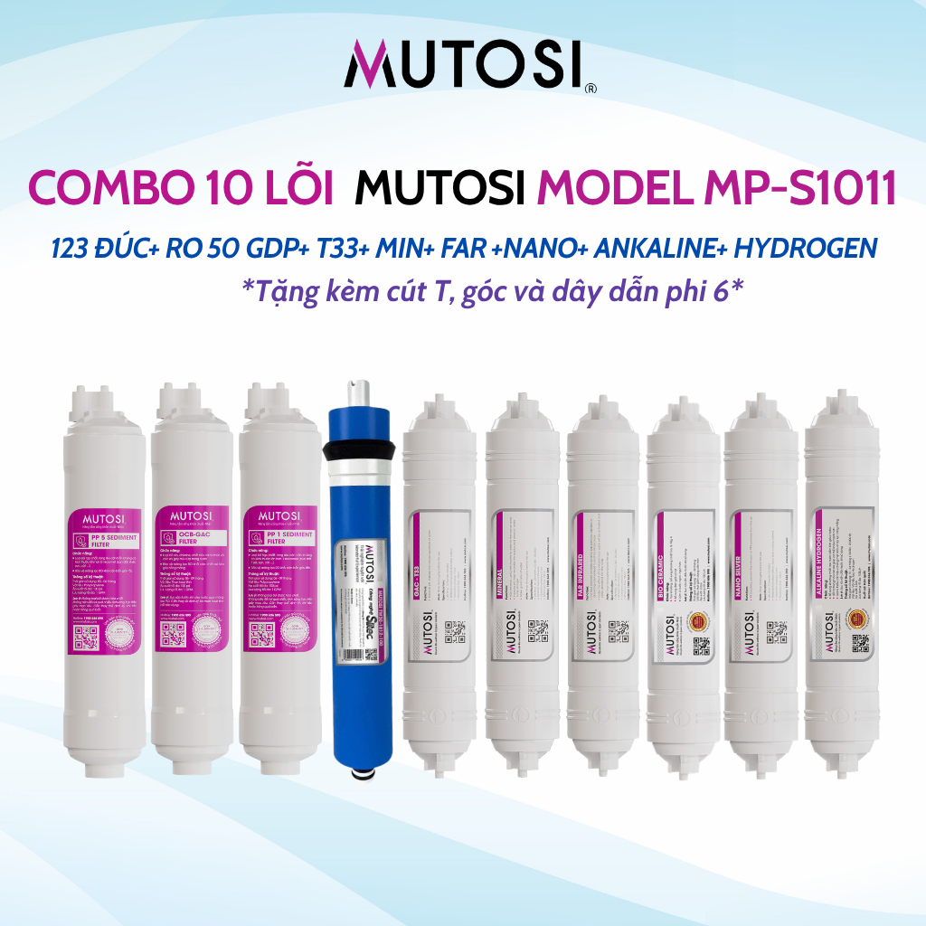 Combo 10 Lõi Chức Năng Mutosi Sử Dụng 123 Đúc, Màng RO50 gpd, 6 Lõi Chức Năng Model MP-S1011