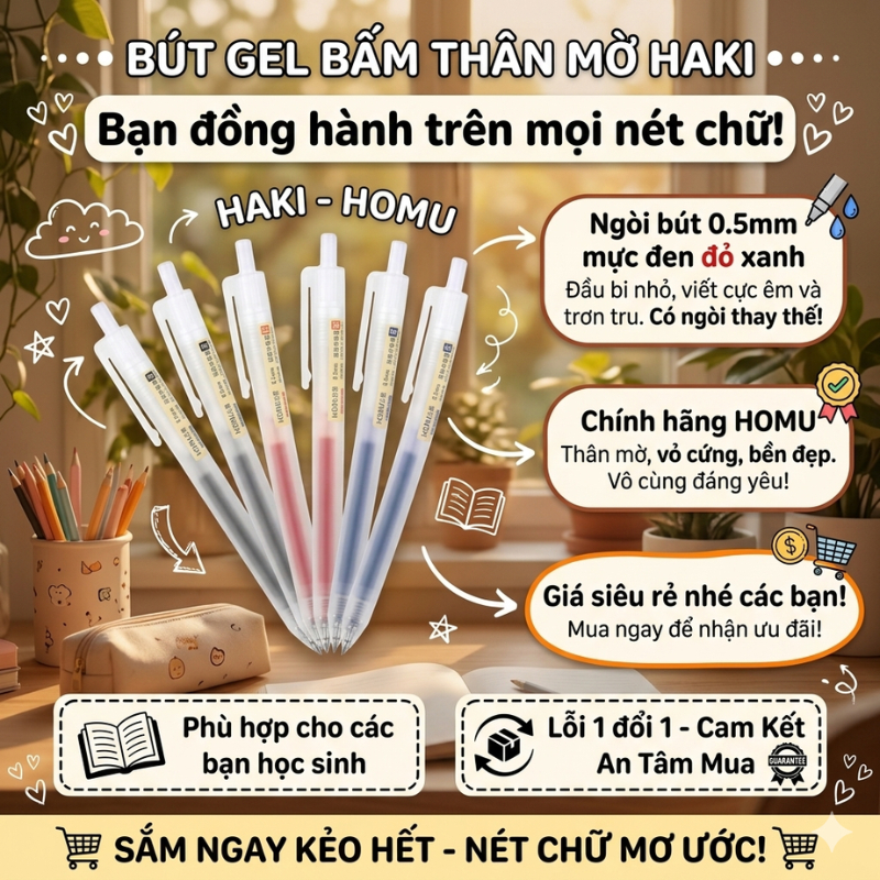 Bút bi bấm HAKI mực gel màu đen đỏ xanh ngòi 0.5mm viết trơn ra mực đều dụng cụ văn phòng phẩm B61