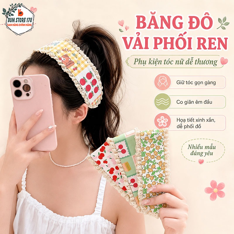 Băng Đô Vải Phối Ren Họa Tiết Dễ Thương, Bờm Tóc Nữ Co Giãn Êm Đầu Giữ Tóc Gọn Gàng Phong Cách Hàn Quốc