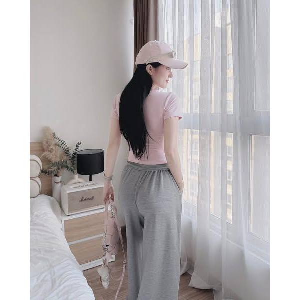 Bộ quần áo nỉ nữ đi cafe dạo phố cá tính áo cộc tay thun gân ôm sát phối cúc ngực quần thể thao hcom27280