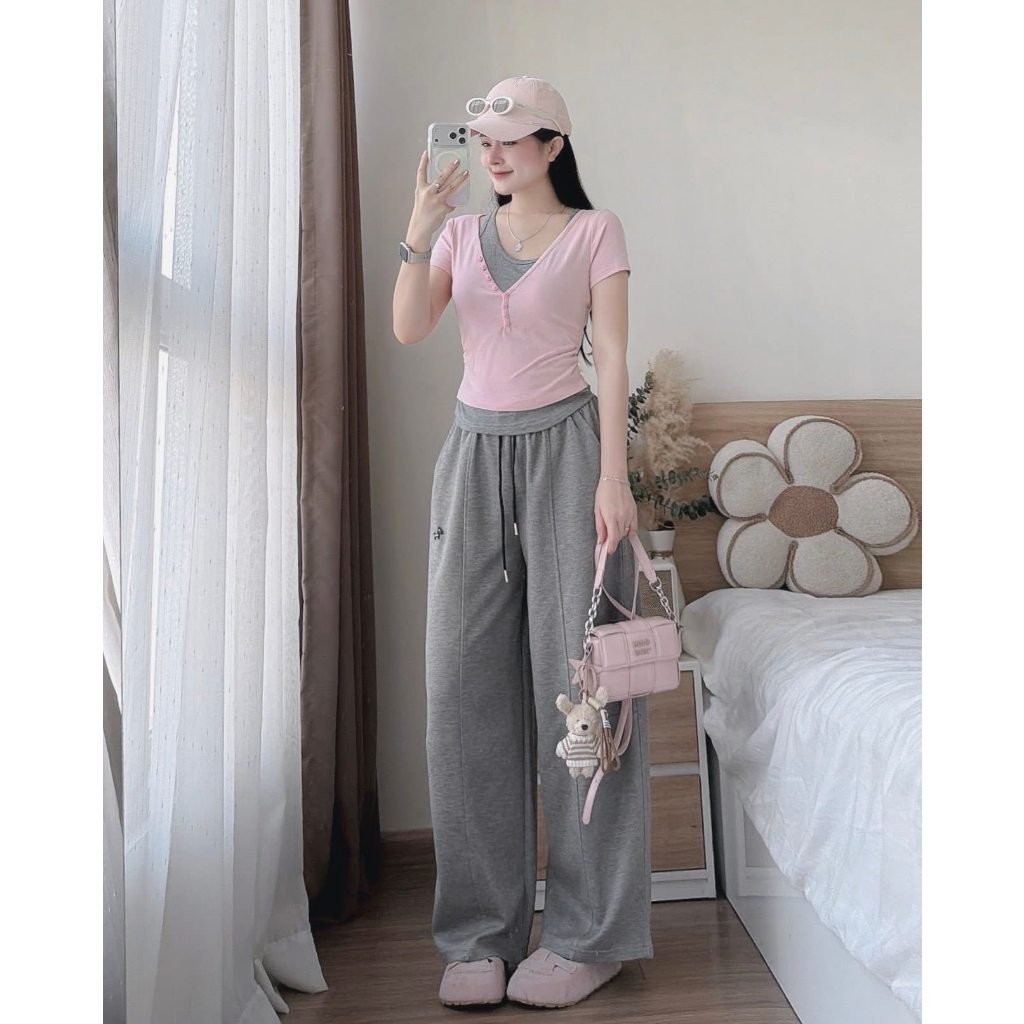 Bộ quần áo nỉ nữ đi cafe dạo phố cá tính áo cộc tay thun gân ôm sát phối cúc ngực quần thể thao hcom27280
