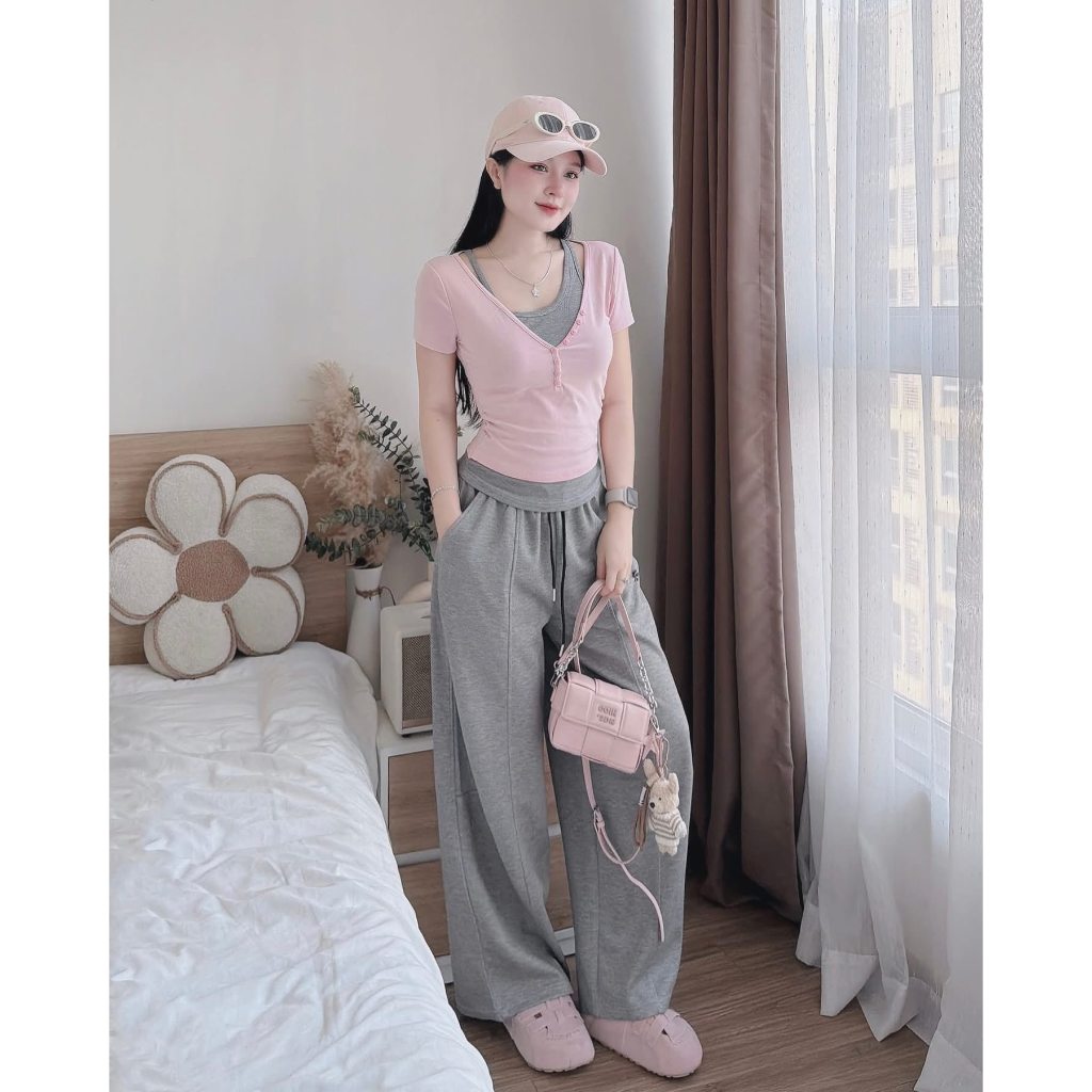 Bộ quần áo nỉ nữ đi cafe dạo phố cá tính áo cộc tay thun gân ôm sát phối cúc ngực quần thể thao hcom27280