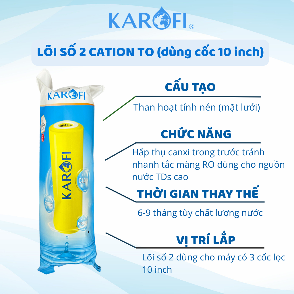 Lõi Lọc Nước Số 2 Cation Ion Exchange Karofi Xử Lý Nước Cứng Chứa Nhiều Kim Loại Nặng Dùng Cho Máy Lọc Nước RO