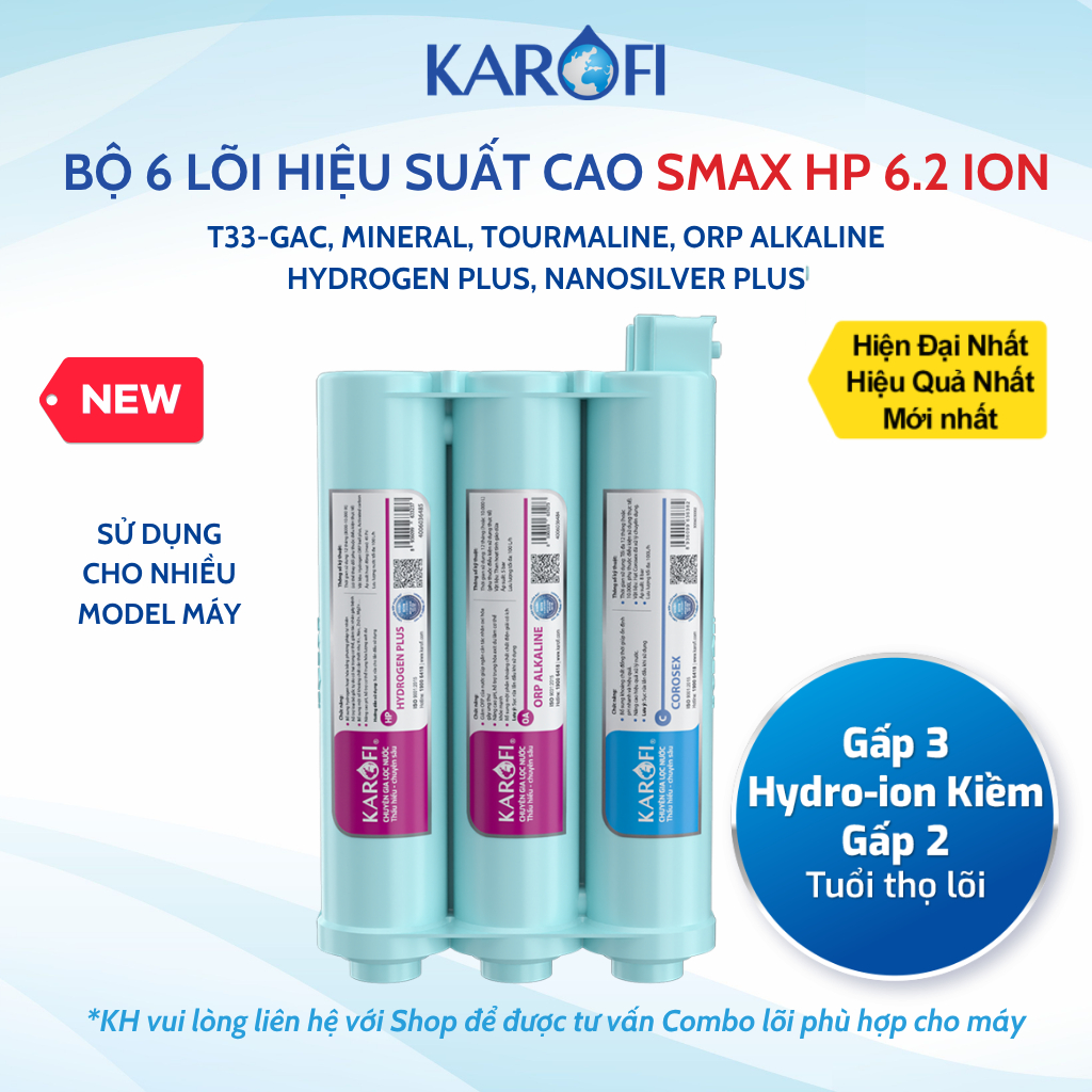 Bộ 6 Lõi Chức Năng KAROFi Hiệu Xuất Cao Smax HP6.2 ION- Gấp 3 Ion Kiềm, Khoáng Chất, Tươi Trẻ Mỗi Ngày