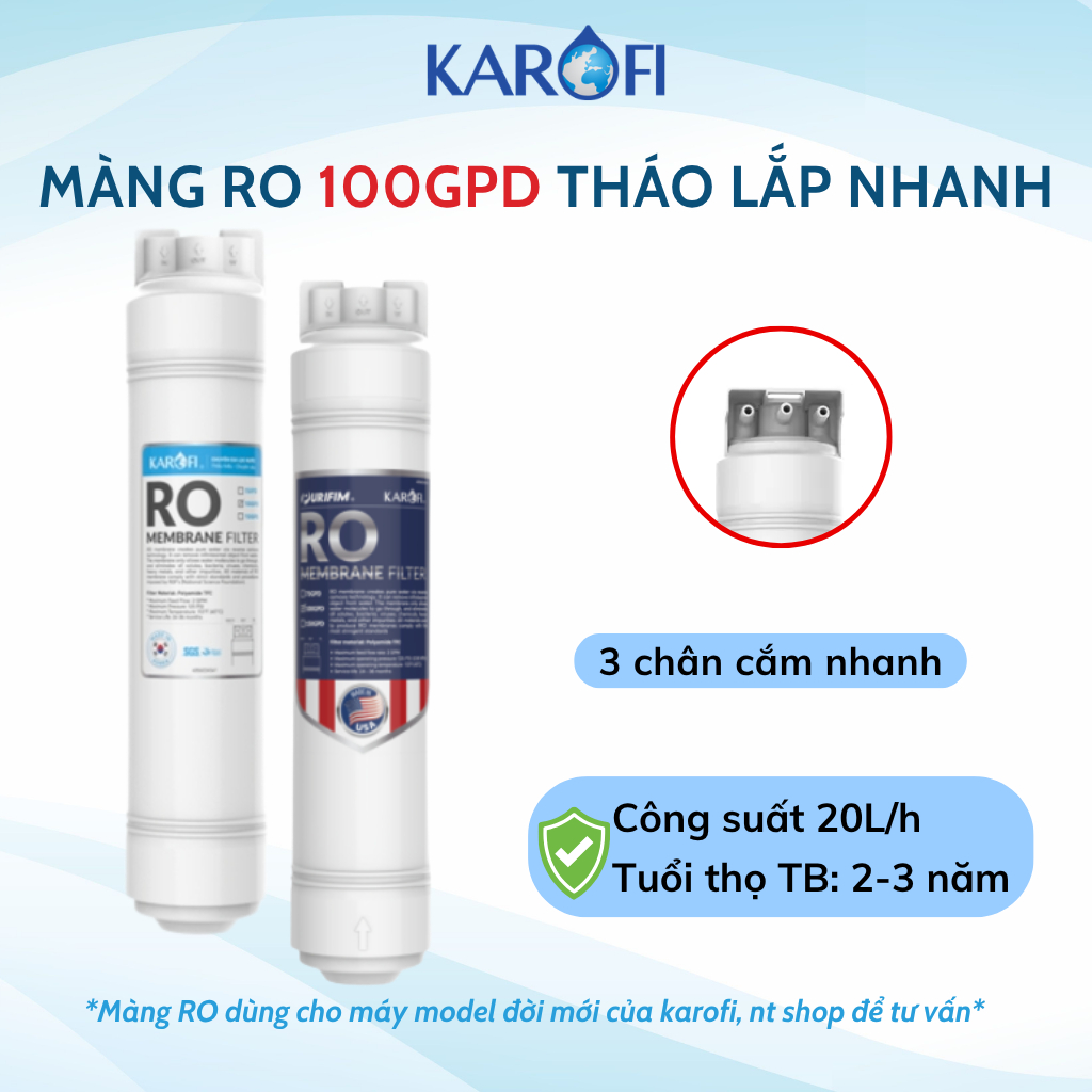 Màng RO Karofi 100GPD Thay Nhanh Nhập Khẩu Mỹ hoặc Hàn Kiểu Mới Model KQA-U95 PRO, M82, L82... Công Suất Lọc 20L/H
