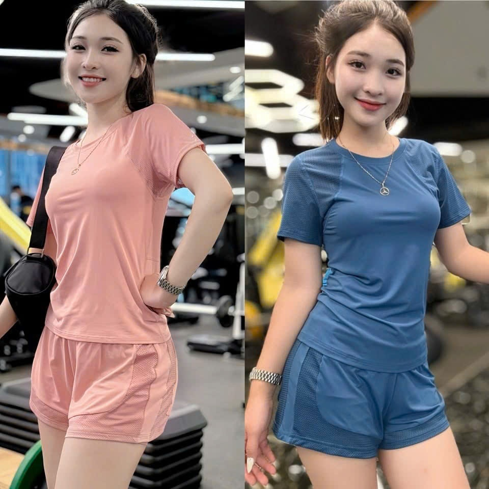 Bộ thể thao nữ quần hai lớp hai túi khóa chất thun lạnh dùng tập gym, yoga, chạy bộ, aerobic...