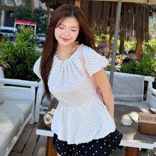 (HAVANA) Áo babydoll BELLA cổ bèo họa tiết chấm bi AO880