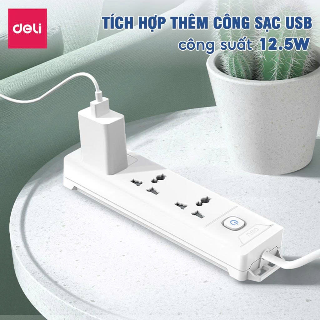 Ổ Cắm Điện DELI từ 2-12 Lỗ Cắm - Tích Hợp Cổng USB Type C Công Suất 2500W Chống Giật An Toàn Giá Rẻ
