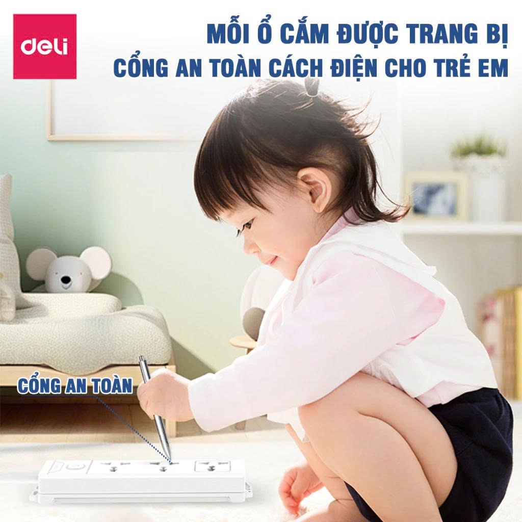Ổ Cắm Điện DELI từ 2-12 Lỗ Cắm - Tích Hợp Cổng USB Type C Công Suất 2500W Chống Giật An Toàn Giá Rẻ