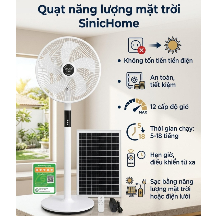 Quạt Năng Lượng Mặt Trời Tích Điện SinicHome Tốc Độ Gió Mạnh, Nhãn Năng Lượng 5 Sao, Sạc Được Điện Lưới