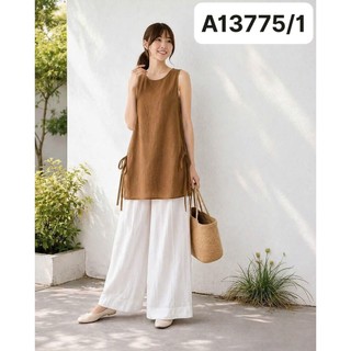 SWANLAKE | Áo Kiểu Nữ Vải Linen Tơ Sát Nách Dáng Dài Cổ Tròn Xẻ Tà Dây Thắt Nơ Dạo Phố Hè A13775