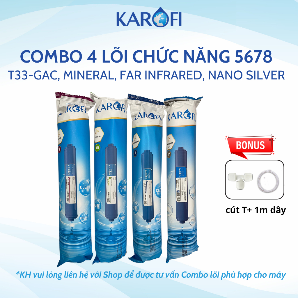 Combo 4 Lõi Lọc Nước Chức Năng Karofi 5678 Chính Hãng Gồm T33, Mineral, Far, Nano Bổ Sung Khoáng Cho Nước, Cân Bằng PH