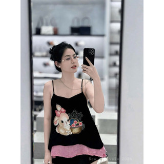Sét áo hai dây nhung the lót lụa thêu thỏ cạnh giỏ hoa + quần xuông lụa (có bán rời)