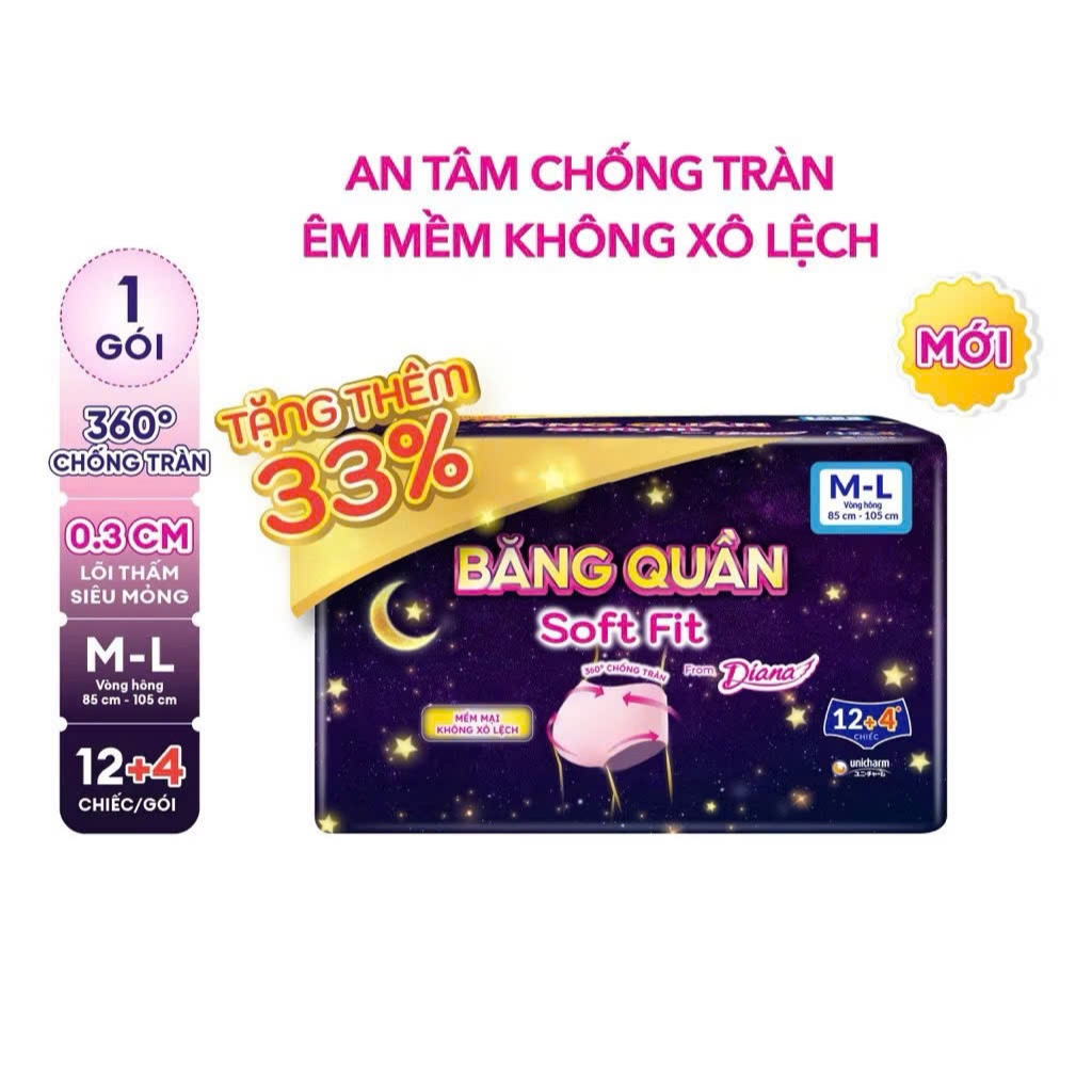Diana Băng Quần Soft Fit size S-M/ M-L/ L-XL Gói 12 Tặng 4 cái