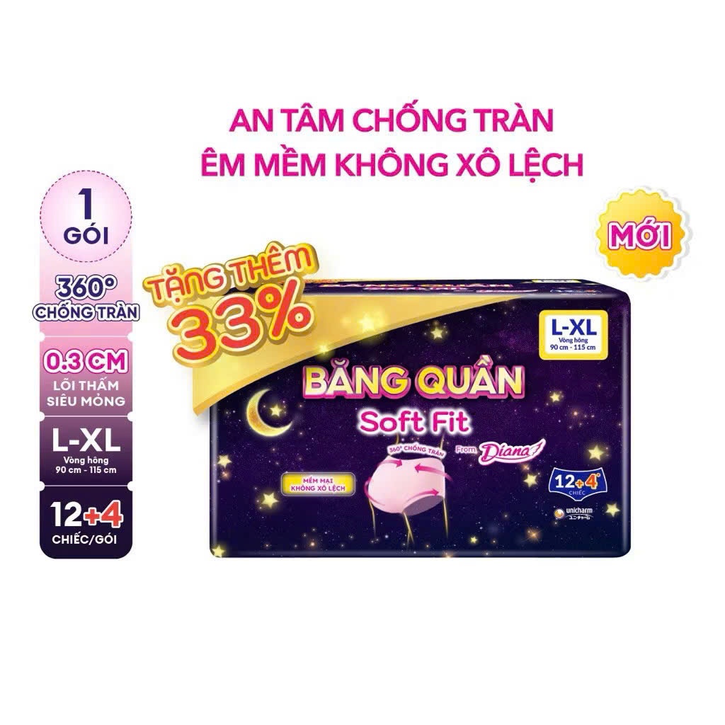 Diana Băng Quần Soft Fit size S-M/ M-L/ L-XL Gói 12 Tặng 4 cái
