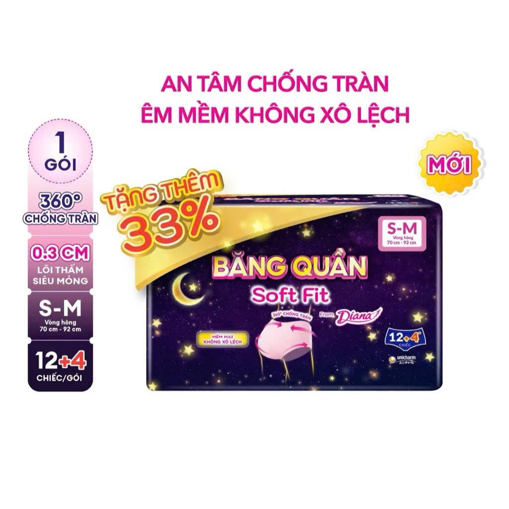 Diana Băng Quần Soft Fit size S-M/ M-L/ L-XL Gói 12 Tặng 4 cái