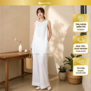 SWANLAKE | Áo Kiểu Nữ Vải Linen Tơ Sát Nách Dáng Dài Cổ Tròn Xẻ Tà Dây Thắt Nơ Dạo Phố Hè A13775