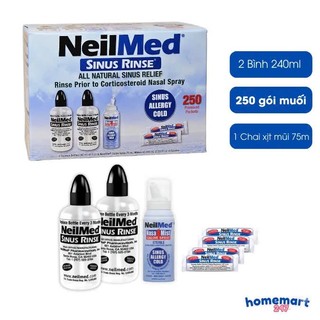 Trọn bộ muối rửa mũi Neilmed Sinus Rinse [1 túi 250 gói muối + 2 bình rửa + 1 bình xịt] nhập khẩu Mỹ