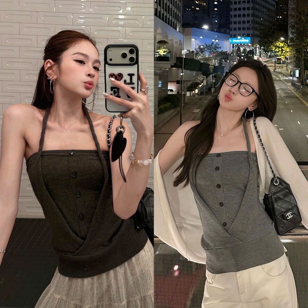 (sẵn ghi)Áo quây ống kết hợp dây áo yếm xoắn phá cách có đường khuy áo thời trang nữ AQ022 - Tiktik