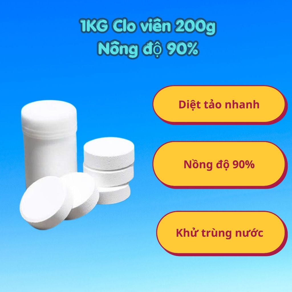 TCCA Clo viên 200g Xử Lý Nước,Clo 90% Viên 200g,Clo diệt rêu tảo,Clo hồ bơi,Khử trùng nước 1Kg - 5Kg