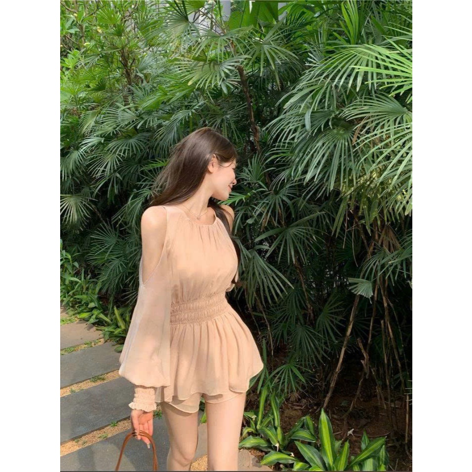 Set Áo Babydoll Trễ Vai Liền Quần, Bộ Đồ Nữ Chiffon Bồng Bềnh Sang Chảnh Élan Sweet