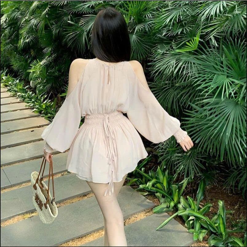Set Áo Babydoll Trễ Vai Liền Quần, Bộ Đồ Nữ Chiffon Bồng Bềnh Sang Chảnh Élan Sweet