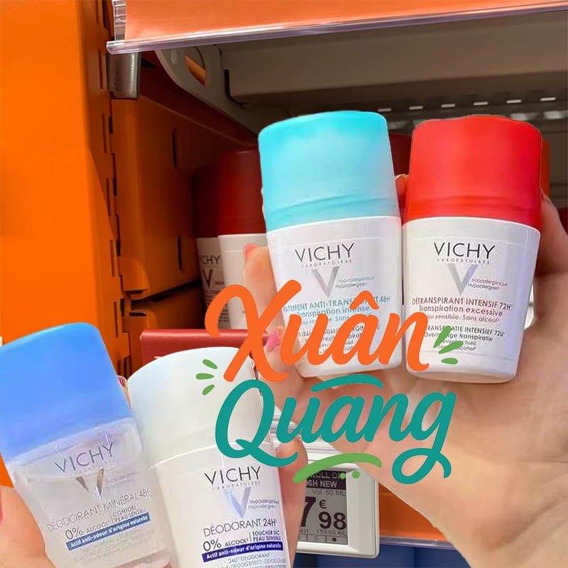 Vichy Deodorant 50ml - Lăn khử mùi Vichy khô thoáng, ngăn ngừa và giảm tiết mồ hôi 48H