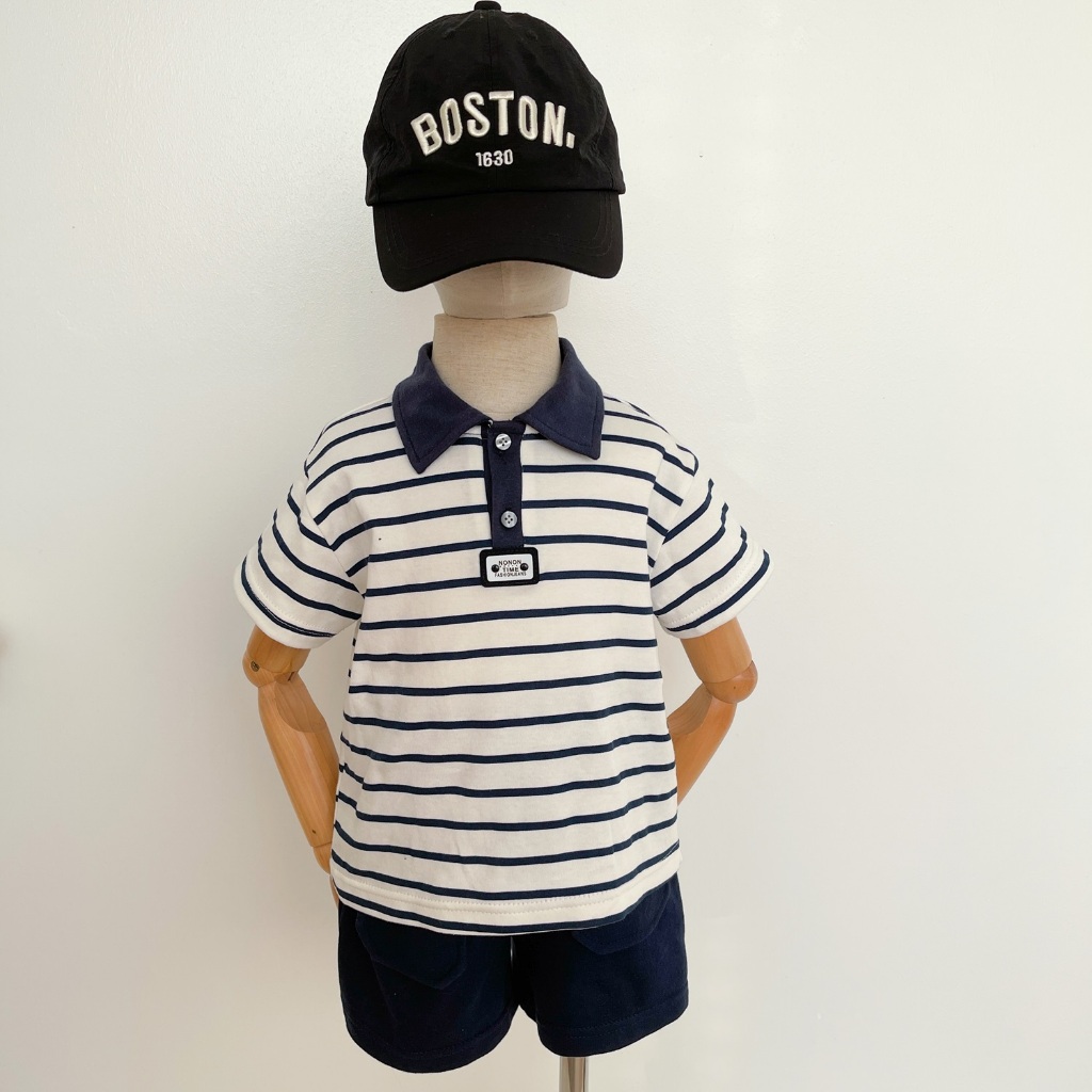 Set bộ polo cộc tay bé trai hình cún kẻ ngang Miniumbaby, chất cotton mềm mặc đi chơi đi học SB2610
