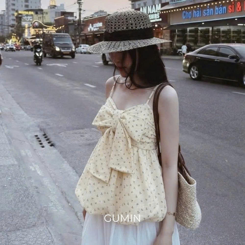 Áo hai dây hoa GUMIN thiết kế nơ ngực dáng babydoll tiểu thư, Áo kiểu nữ cá tính sang chảnh