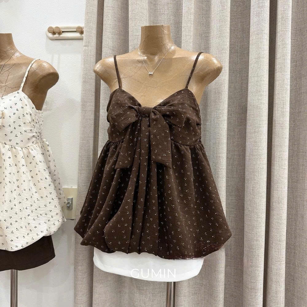 Áo hai dây hoa GUMIN thiết kế nơ ngực dáng babydoll tiểu thư, Áo kiểu nữ cá tính sang chảnh
