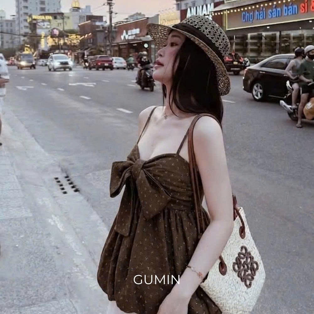 Áo hai dây hoa GUMIN thiết kế nơ ngực dáng babydoll tiểu thư, Áo kiểu nữ cá tính sang chảnh