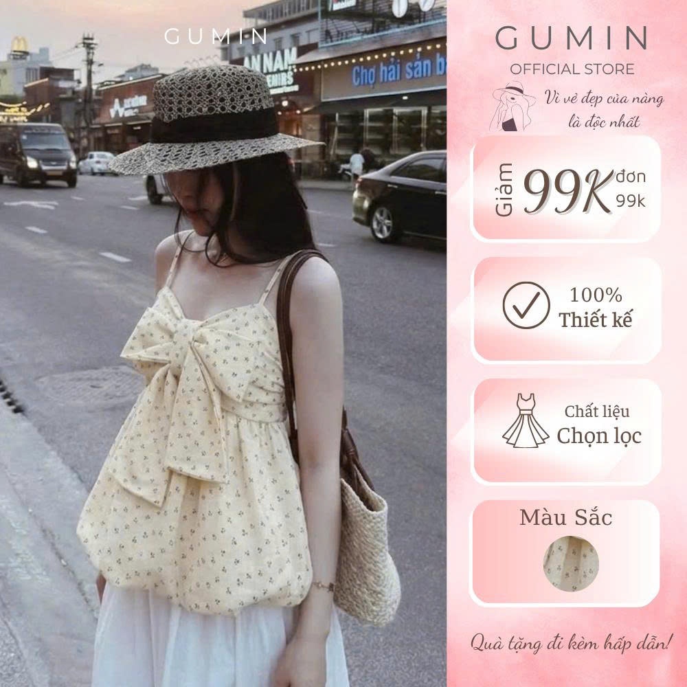 Áo hai dây hoa GUMIN thiết kế nơ ngực dáng babydoll tiểu thư, Áo kiểu nữ cá tính sang chảnh