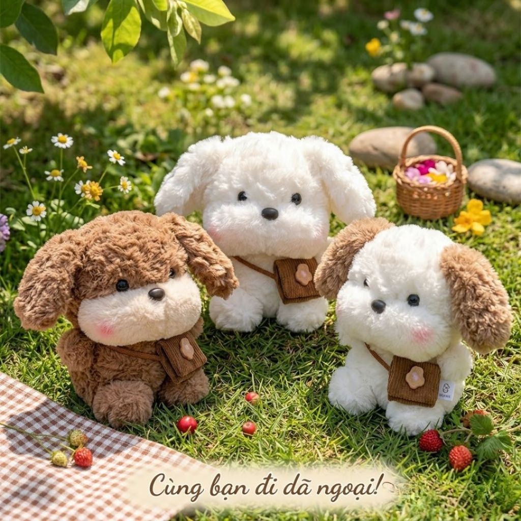 Gấu Bông Chó Tai Cụp Đeo Túi Chéo Siêu Đáng Yêu, Thú Nhồi Bông Chó Con Lông Xù Mềm Mại Làm Quà Tặng Cho Bé