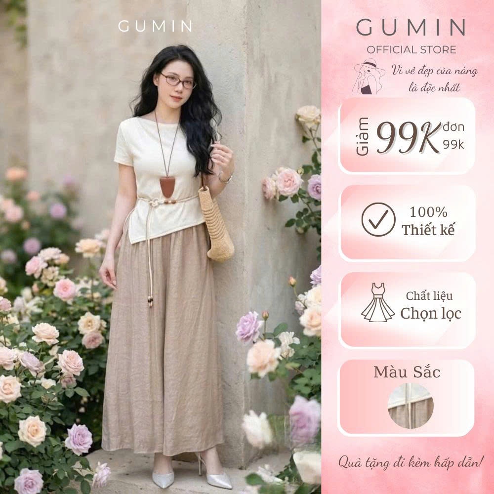 Set bộ áo váy GUMIN thiết kế áo thun vạt chéo be phối dây đai eo kèm quần suông dài sang chảnh thanh lịch