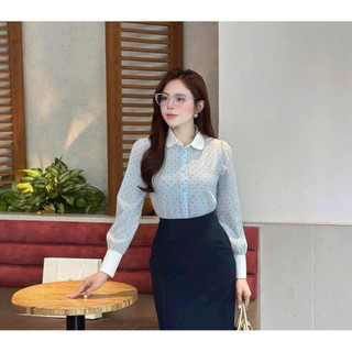 Áo sơ mi tơ phối cổ sen , hàng thiết kế đẹp Cá thu shop