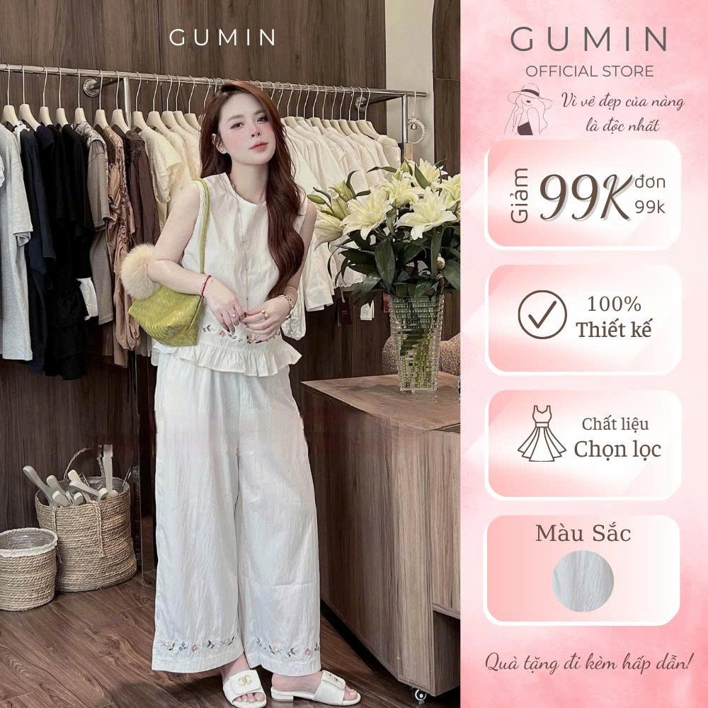 Set bộ sát nách GUMIN thiết kế áo ba lỗ thêu phối gấu bèo xòe kèm quần suông sang chảnh thanh lịch