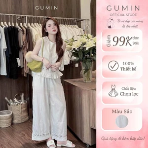 Set bộ sát nách GUMIN thiết kế áo ba lỗ thêu phối gấu bèo xòe kèm quần suông sang chảnh thanh lịch