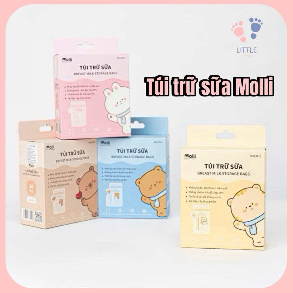 Túi Trữ Sữa Mẹ Molli 30 Túi/Hộp 150ml 200ml 250ml – Túi Trữ Sữa Khoá Zip Đôi Chống Tràn, Bảo Quản Sữa Mẹ