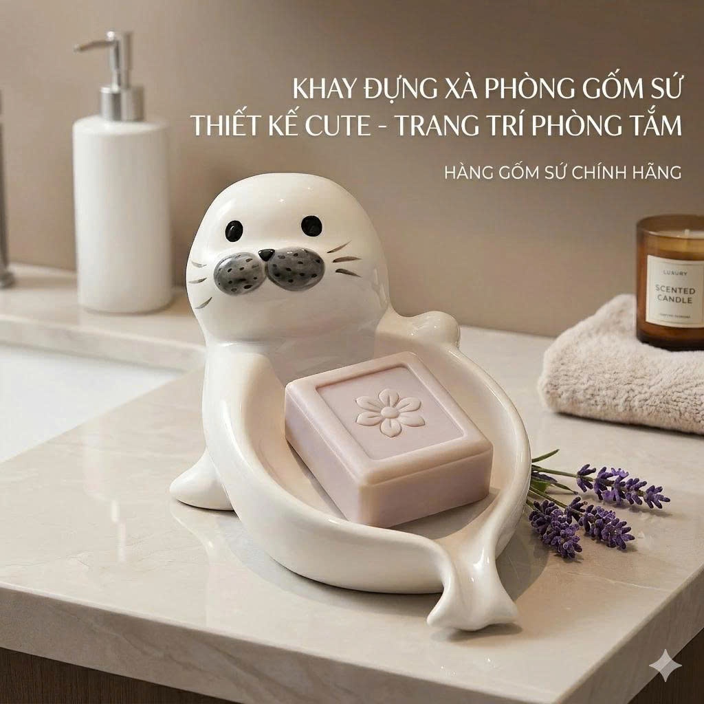 [ Gốm Sứ ] Khay Đựng Xà Phòng Hải Cẩu – Giữ Nhà Tắm Gọn Gàng Cho Gia Đình – Thiết Kế Cute Sang Xịn