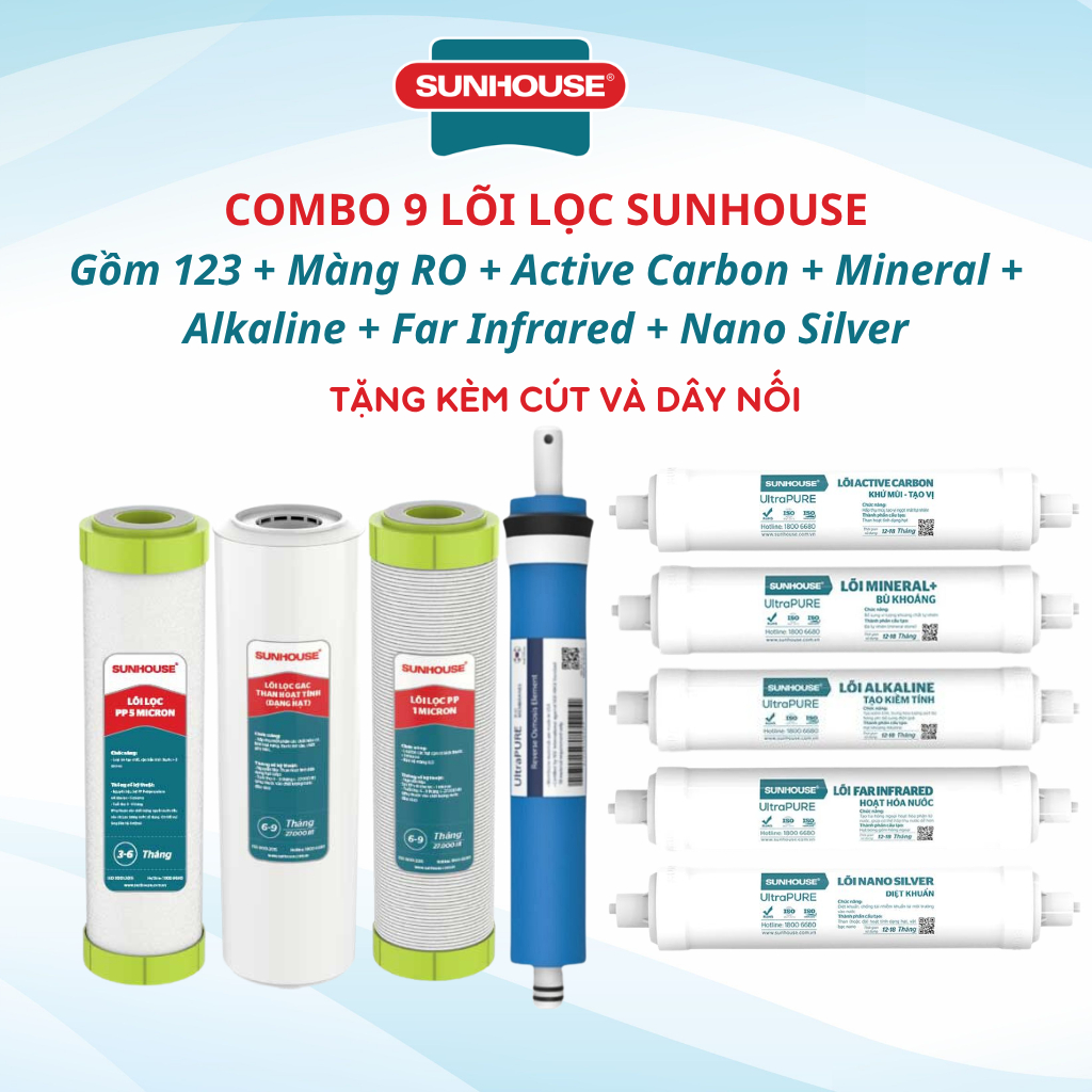 Bộ 9 Lõi Lọc Nước Sunhouse Chính Hãng Cắm Nhanh Cho Máy Lọc Nước SHA8838K, SHA8839K, SHA8859K, SHA8889K, SHA8859KV,...