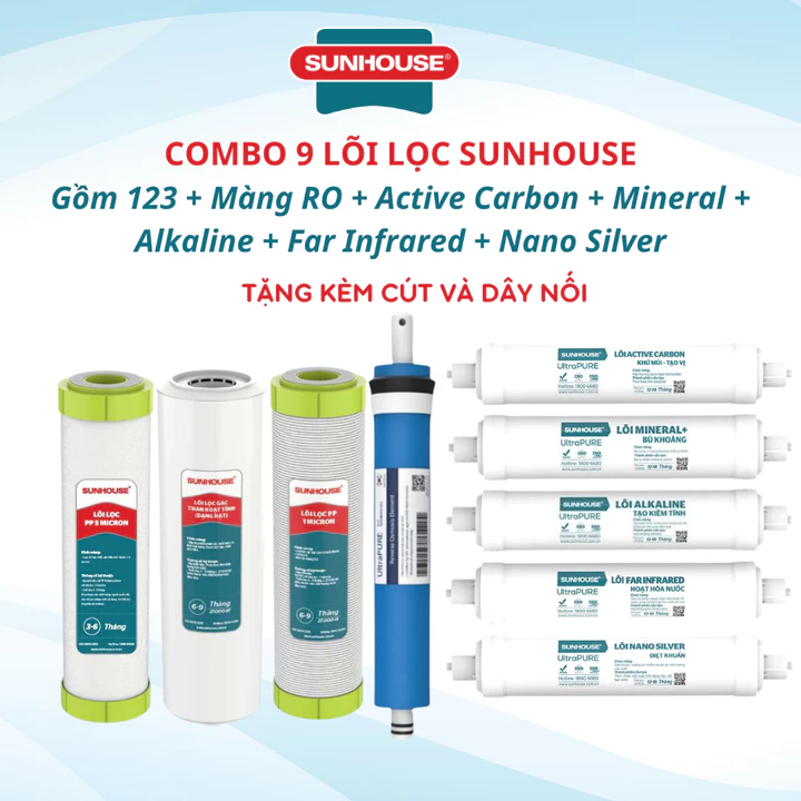 Bộ 9 Lõi Lọc Nước Sunhouse Chính Hãng Cắm Nhanh Cho Máy Lọc Nước SHA8838K, SHA8839K, SHA8859K, SHA8889K, SHA8859KV,...