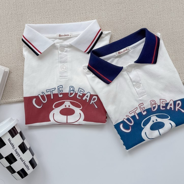 Set bộ polo cộc tay bé trai Miniumbaby hình gấu mix chữ dễ thương, chất vải áo cotton mềm mịn SB2598