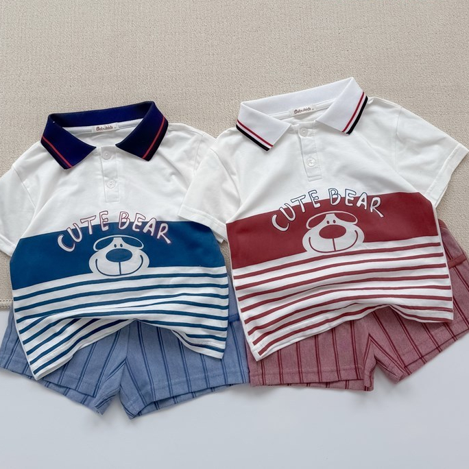 Set bộ polo cộc tay bé trai Miniumbaby hình gấu mix chữ dễ thương, chất vải áo cotton mềm mịn SB2598