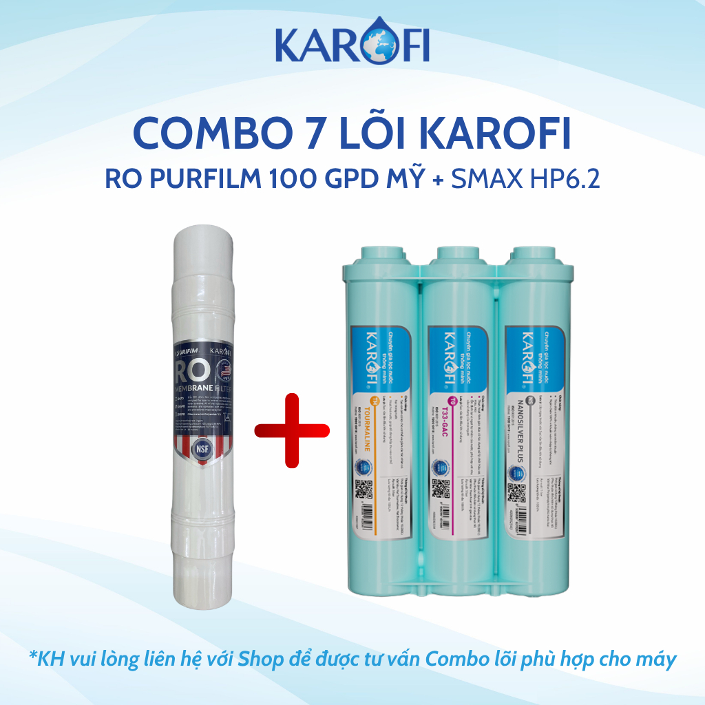Combo màng RO Đúc 100GPD và Cụm 6 Lõi Lọc Chức Năng Smax Hệu Suất Cao HP 6.2 KAROFI - Hàng Chính Hãng